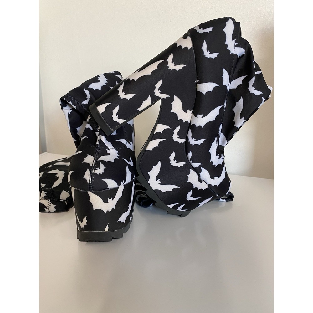 YRU Women's Thigh-High Bat Print Block Heel Boots Black/White Synthetic 8M
